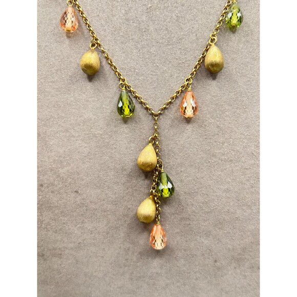 Vintage Gold Over Sterling Silver Necklace with Green & Peach Teardrop Beads - Picture 4 of 6